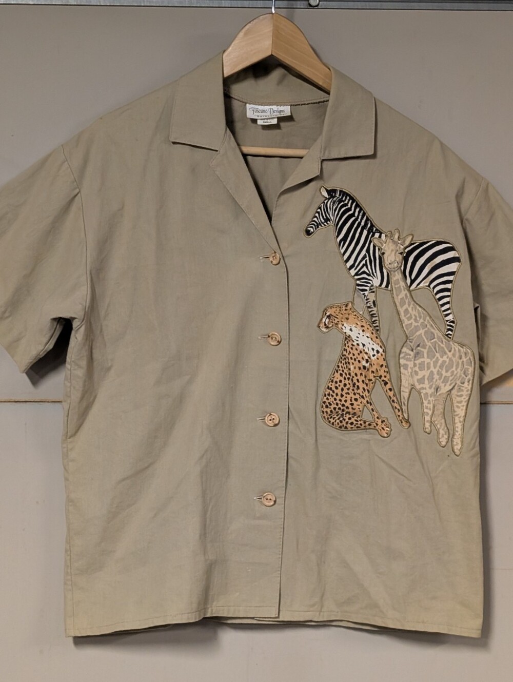 Vintage Toscano Designs Safari Animal Button Up Short Sleeve Shirt Small